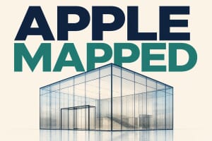 Editorial illustration of an Apple Store glass cube, symbolizing Apples worldwide flagship retail