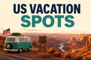 Teal camper van with an American flag at a canyon rim, with the title US Vacation Spots