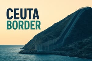 Illustration of the Ceuta border fence descending to the Mediterranean Sea, with the title Ceuta Border