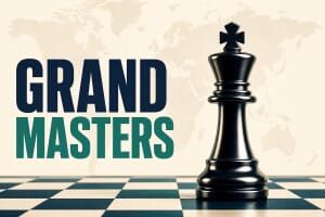 Chess grandmasters by country illustration with a black king chess piece