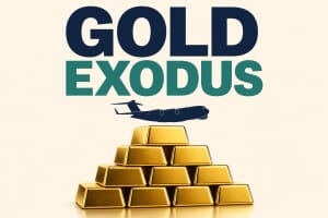 Gold exodus: stacked gold bars with a cargo plane, representing record US gold exports