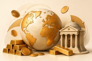 Illustration representing national gold reserves: a golden world globe with gold bars, coins and a central bank building