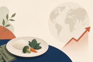 Illustration of a plate with a small healthy portion of food beside a globe and a rising cost arrow