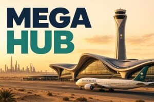 Futuristic Riyadh airport terminal and control tower with a Saudia jet at dusk