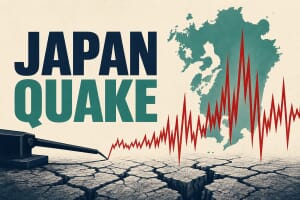 Illustration for the July 2026 Kumamoto earthquake in Japan: seismograph spike over a Kyushu map silhouette with the title Japan Quake
