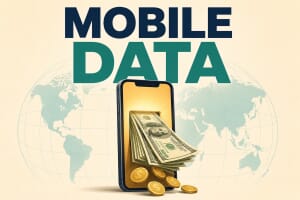 Editorial illustration with title Mobile Data in navy and teal colour blocks over a smartphone that shows dollar bills and coins spilling out onto a globe-outlined cream background