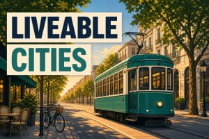 Illustration of a teal tram on a leafy city street, titled Liveable Cities