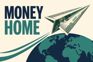 Dollar bill folded into a paper plane over a globe, symbolising money sent home by migrant workers