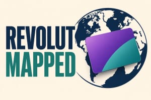 Purple and teal debit card floating over a globe, representing Revoluts worldwide reach