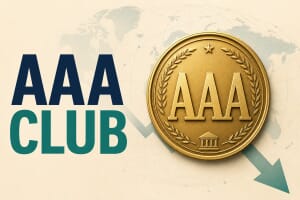 Gold AAA credit-rating medallion with a downward arrow, illustrating the shrinking AAA club