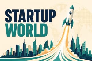 Rocket launching over a city skyline, illustrating the world startup ecosystem rankings