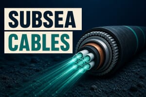 Illustration of a submarine internet cable on the ocean floor with glowing fiber-optic cores, titled Subsea Cables