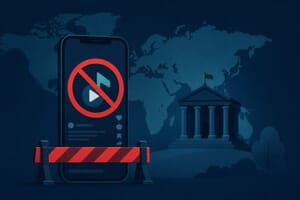 Illustration of a smartphone with a blocked video app behind a barrier next to a government building and a world map