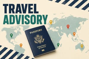 US passport on a world map with colour-coded travel advisory risk pins