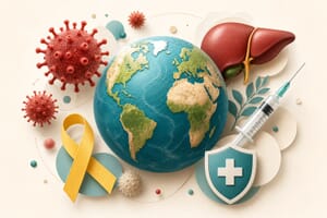 Illustration representing global viral hepatitis: a world globe with hepatitis virus, liver, vaccine and awareness ribbon
