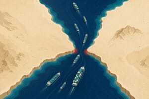 Aerial illustration of cargo ships and tankers funnelling through a narrow sea strait between two landmasses