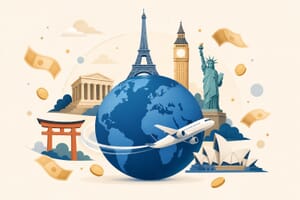Illustration of global tourism receipts with a world globe, famous landmarks, and currency