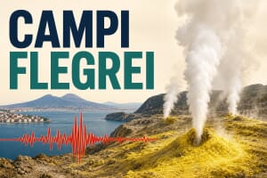 Steaming Solfatara fumaroles at the Campi Flegrei volcanic field near Naples with a red seismograph line, titled Campi Flegrei