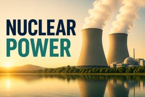 Civil nuclear power by country, illustrated with nuclear plant cooling towers at golden hour