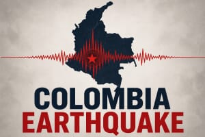 A red seismograph trace across a dark map of Colombia marking the epicenter of the August 2026 earthquake