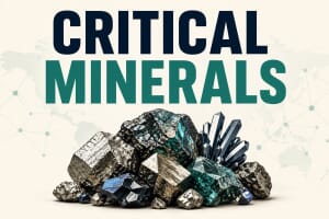 A pile of raw critical mineral ores and crystals over a faint world map, illustrating global mineral supply chains