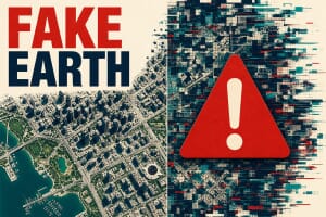 Split satellite view of a city, half real and half glitching into digital corruption with a red warning triangle, titled Fake Earth