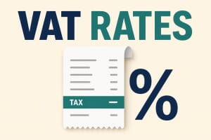 A shopping receipt with a highlighted tax line and a large percent sign, illustrating VAT and sales tax rates