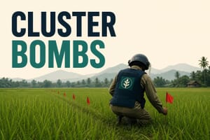 The cluster munitions ban treaty by country, illustrated with a deminer marking unexploded ordnance in a Laotian field